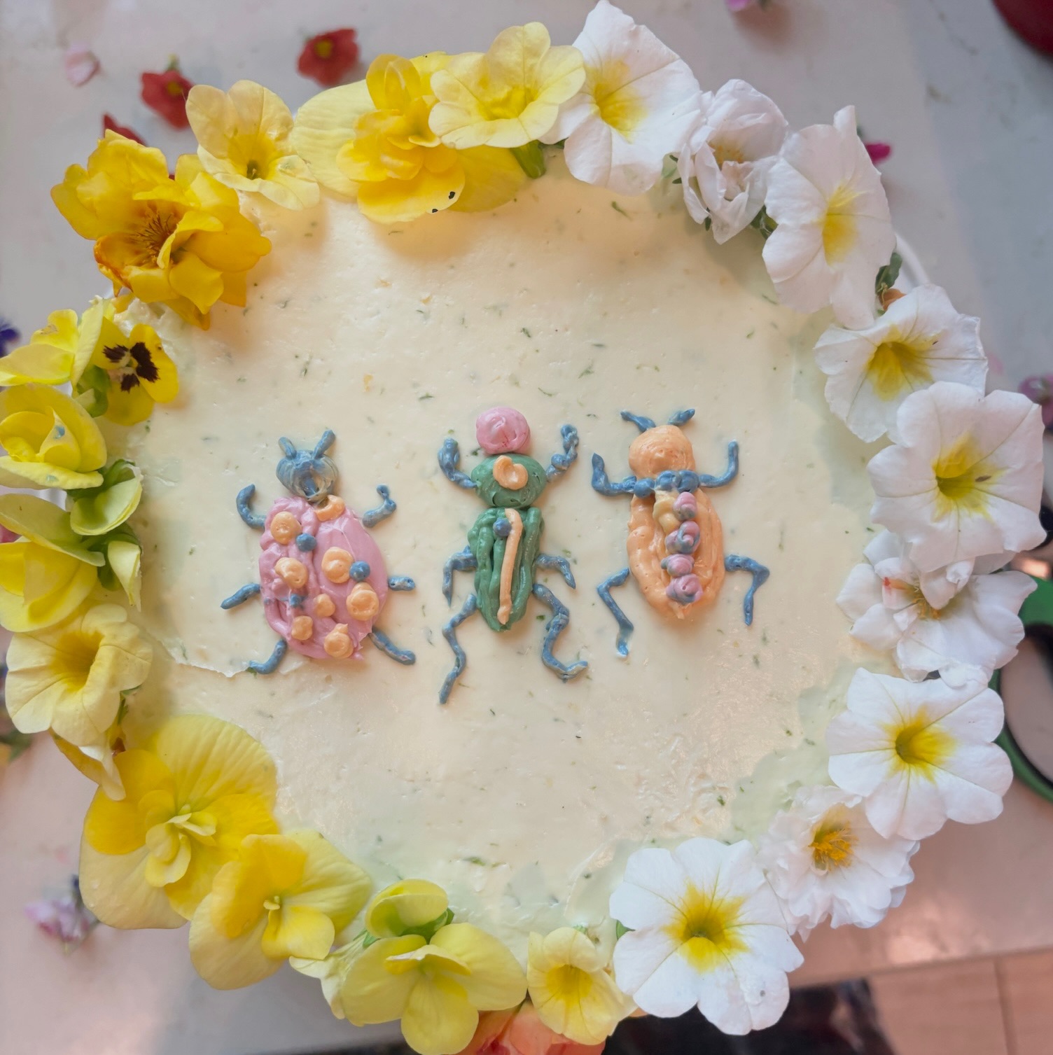 Cream cake with colorful frosting bugs and flower border