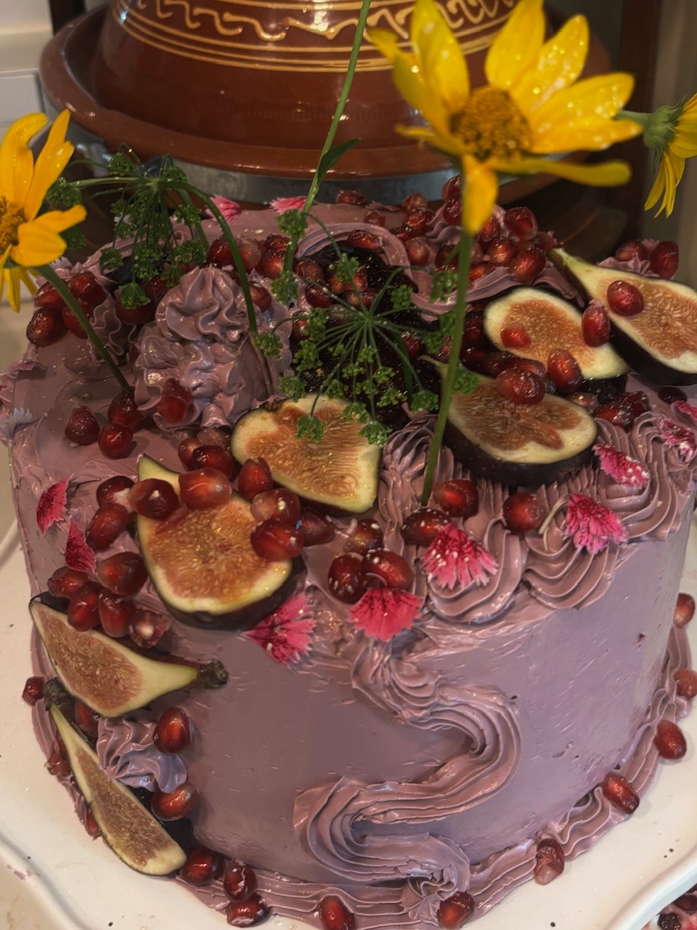 Lavender cake with figs and pomegranate